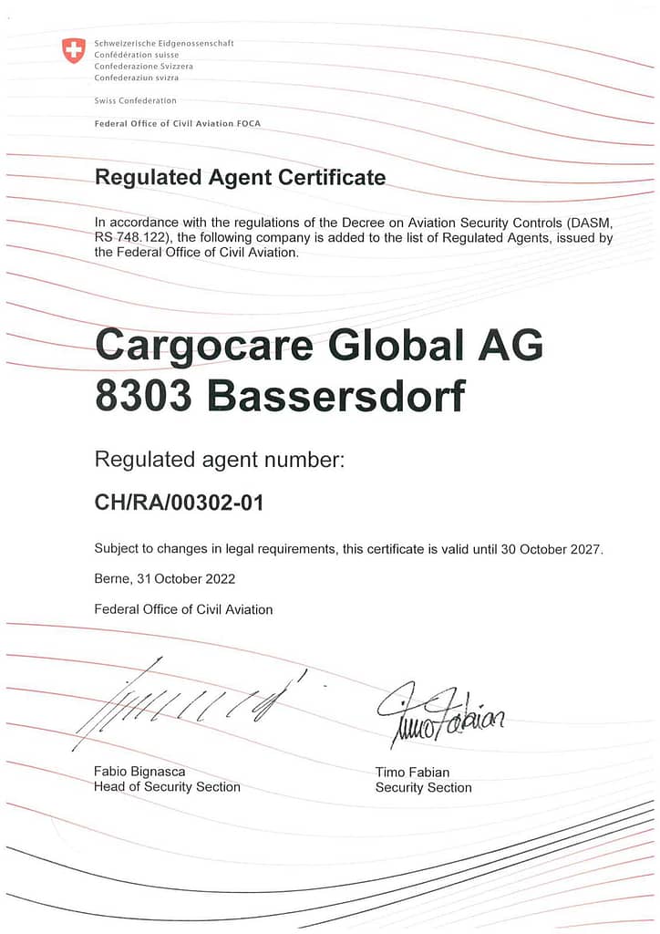 RA certificate Cargocare Global AG