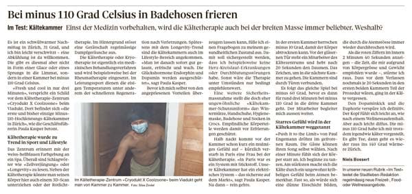 Cryodukt Kryokammer Kältekammer Zürich im Tagesanzeiger