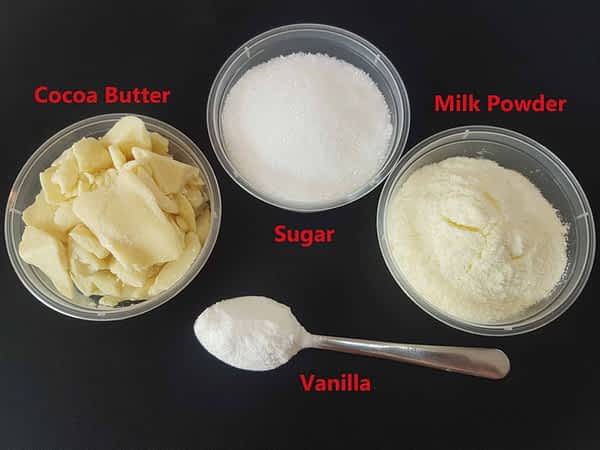 Ingredients for How to Make White Chocolate Ingredients for making white chocolate - Cocoa Butter, Sugar, Milk Powder and Vanilla.
