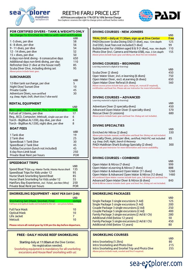 Price List Reethi Faru, Maldives