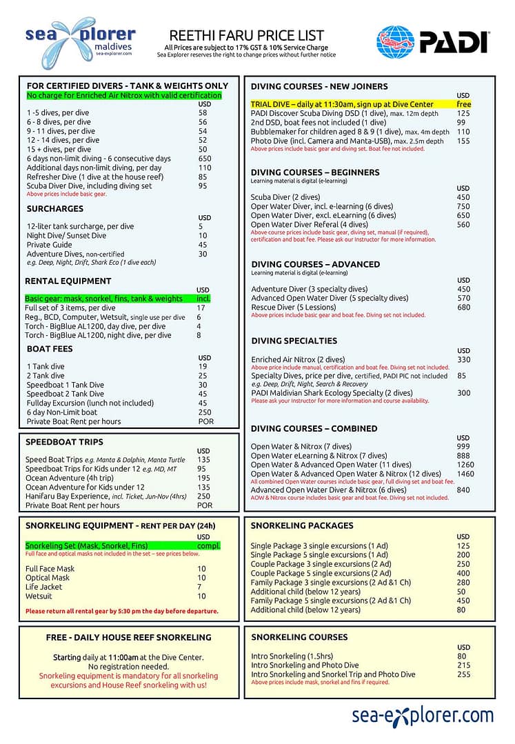 Price List Reethi Faru, Maldives