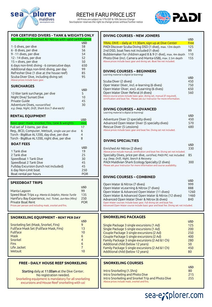 Price List Reethi Faru, Maldives